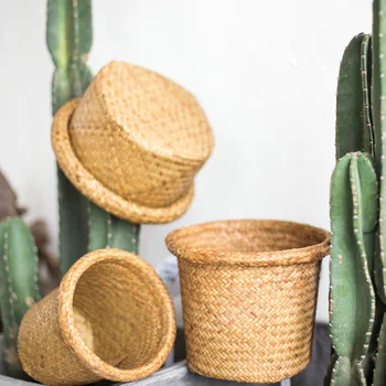 

Rural wind rattan grass woven decorative flower pot creative round grocery storage basket YHJ022705