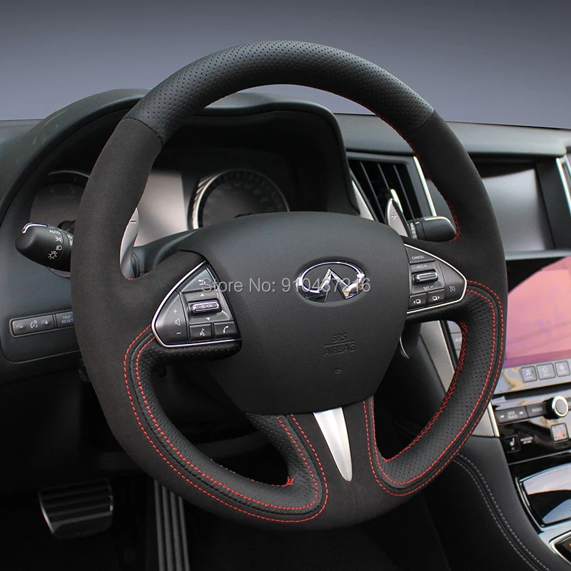 

For Infiniti Q50 DIY Black Perforated Suede Leather Hand sewing Steering Wheel Wrap Cover