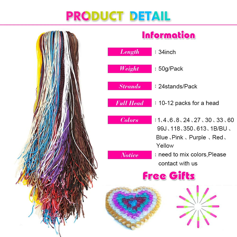 34inch Braiding Hair Colorful Synthetic Zizi Box Braids Crochet Hair Extension Pink Blue Write Black Fiber 50g Expo City