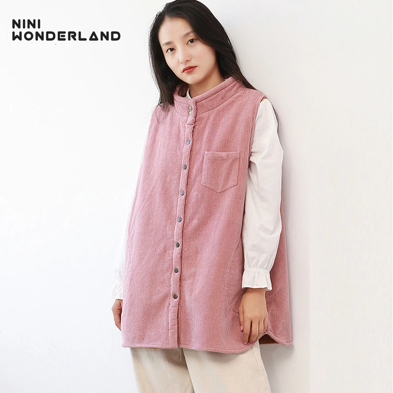 

NINI WONDERLAND 2019 Winter Corduroy Vest Women Thicken Warm Velvet Coats Female Sleeveless Stand Collar Loose Outwear Big Size