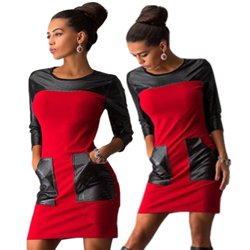 

Leather Stitching Casual Clothing Slim Round Neck Pencil Party Women Long Autumn Winter Dress Vadim Vintage Clothes Vestido New