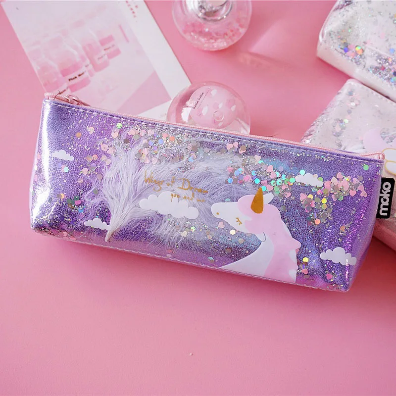 Милый единорог чехол карандаш Kawaii с блестками Большой Вместительный для девочек