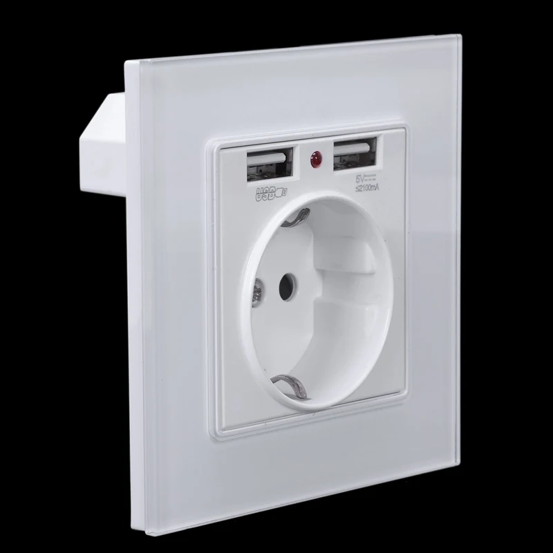 Glass Panel Wall Power Socket Grounded 16A Eu Standard Electrical Outlet With 2100Ma Dual Usb Charger Port For Mobile