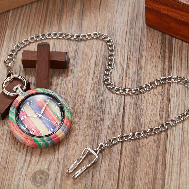 Retro Colourful Wooden Pocket Watch Hanging Clock Quartz Movement Creative Bronze Thick Chain Pendant Clock Dropshipping 2020