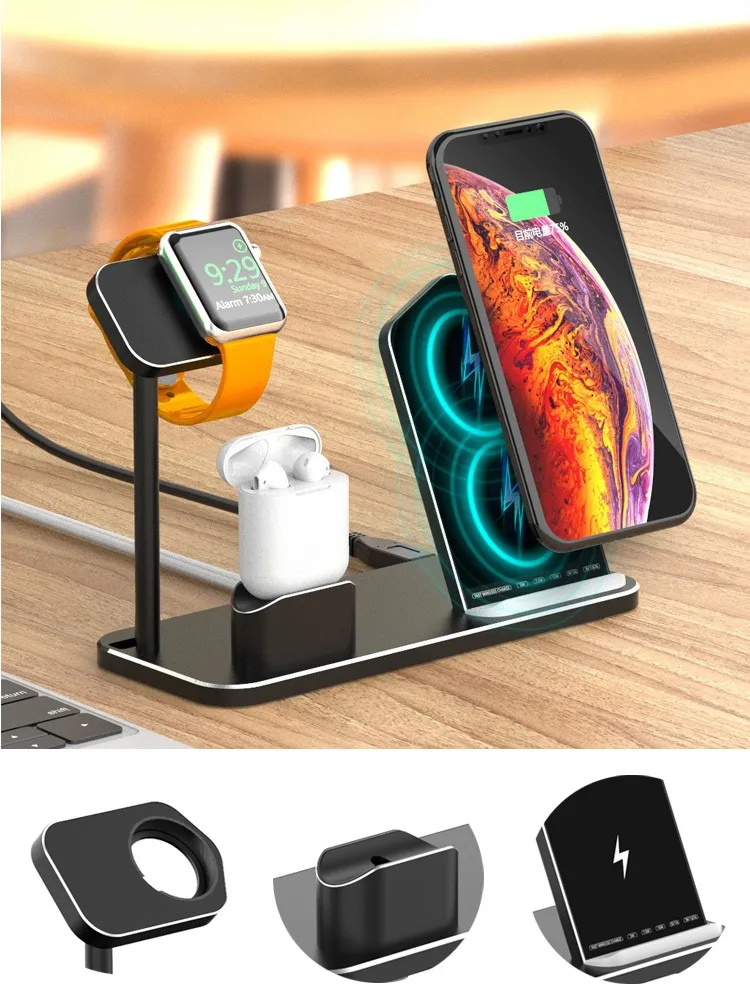 10 Вт Беспроводное зарядное устройство для Apple Airpods Pro iPhone iWatch Series 5 Быстрая зарядка подставка Док-станция из алюминиевого сплава 3 в 1 QI зарядное устройство База