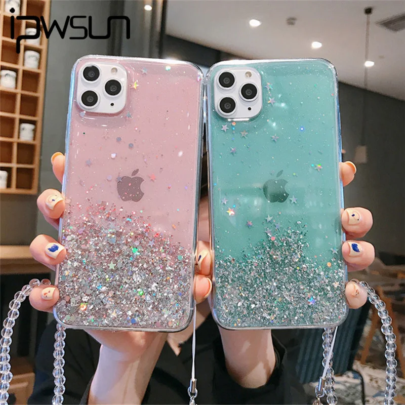 Чехол iPWSOO для iPhone 11 Pro Max XS MAX XR X силиконовый чехол с блестящими звездами и ремешком