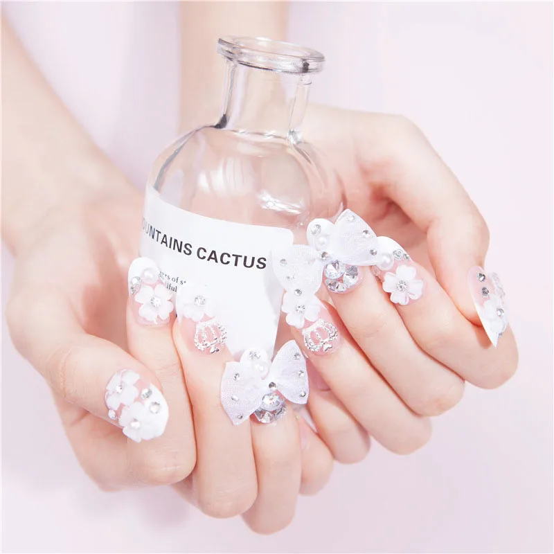 

French Style Bride Wedding 3D White Flowers False Nails with Glue Acrylic Full Cover Rhinestone Fake Nail Tips with Back Sticker