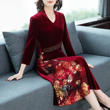 

2019 autumn new gold velvet Slim stitching print party dress women's Large size L-4XL high quality elegant fashion vestidos