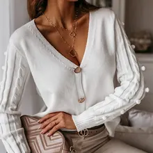 Simplee-cárdigan de punto con cuello en V para mujer, suéter informal de manga larga, color blanco sólido, elegante, otoño