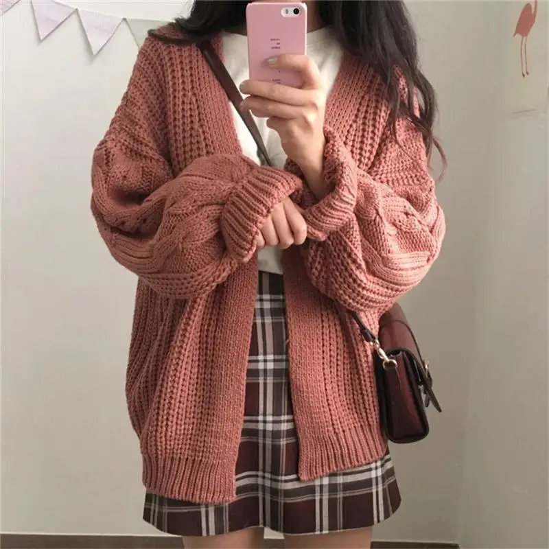 Dark red sweater Осенне-зимний вязаный свитер женский кардиган свободный теплый толстый студенческий вязаный свитер кардиганы женские Топы Верхняя одежда свитер Q1931 - Цвет: Dark red sweater