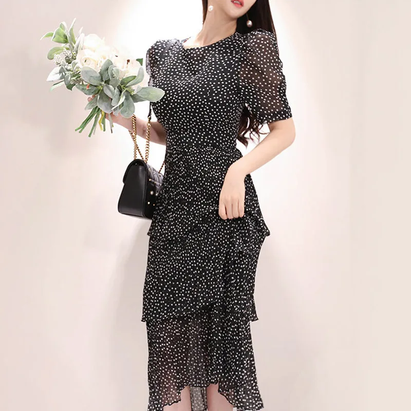 

7506 #2019 Summer Wear New Style Korean-style Elegant Slim Fit Slimming Chiffon Polka Dot Pleat Cake Dress Dress Women's