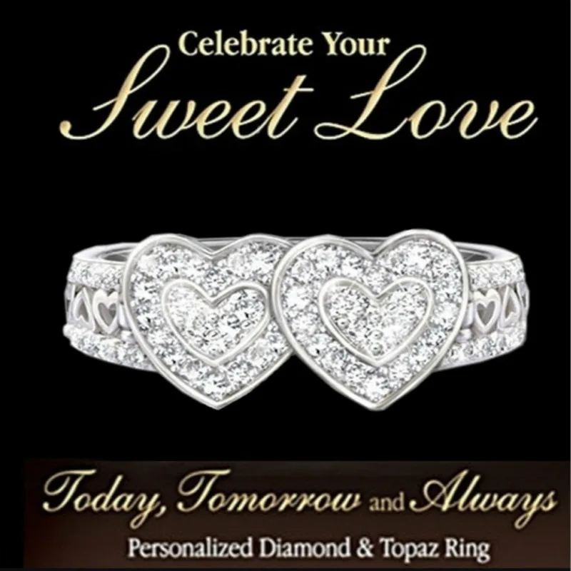 

CHUHAN Fashionable Beautiful Ring Wedding Ring Jewelry Double Heart Ring Accessories Engagement Ring Female 6-10