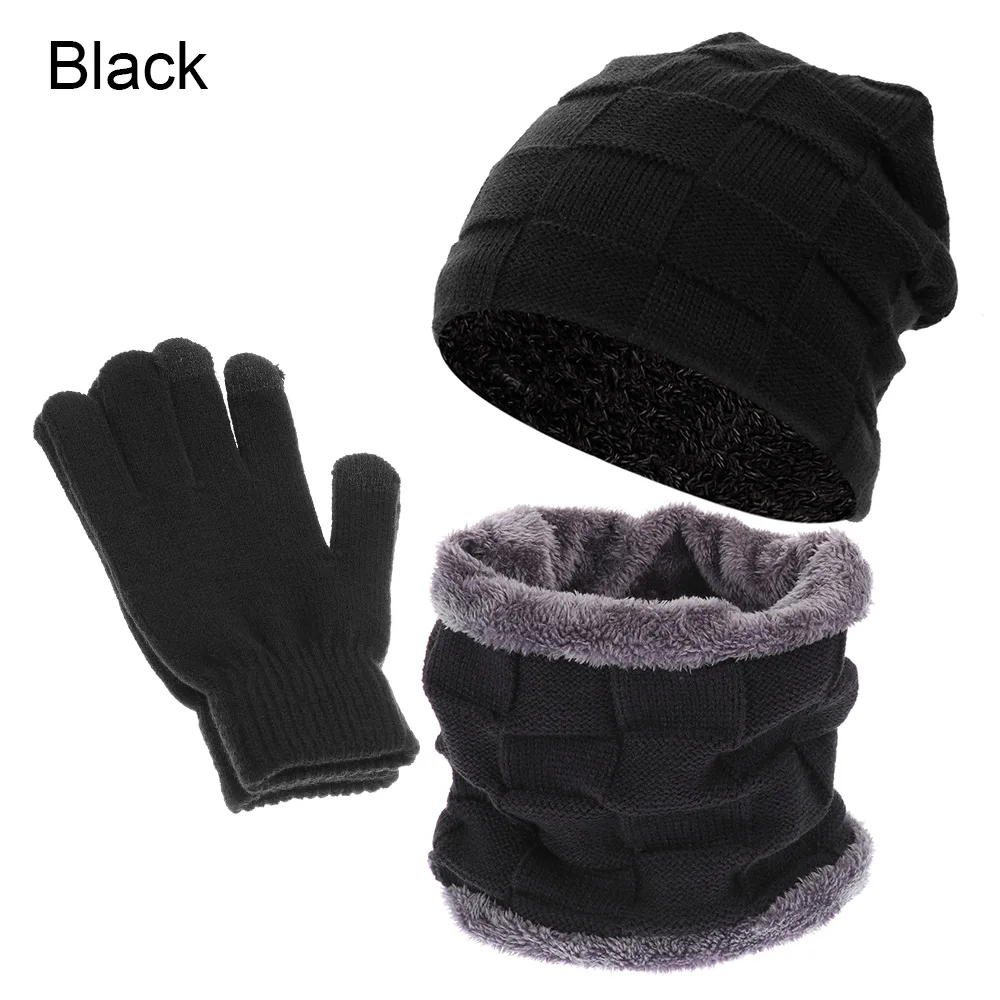 black Зимние шапочки, шарф, перчатки, набор для мужчин и женщин, Флисовая теплая вязаная шапка, шейный шарф, перчатки для сенсорного экрана, теплые зимние аксессуары - Цвет: black