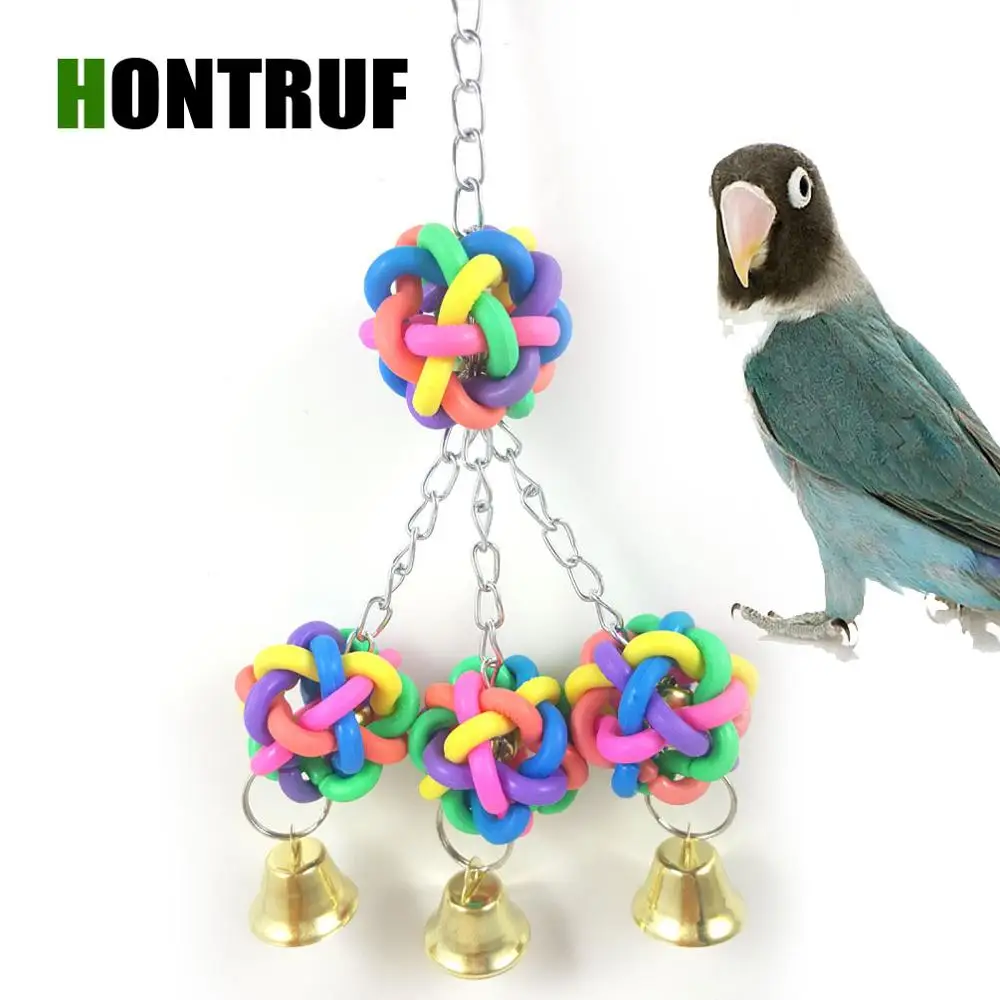 Parrot toy bird toy colorful plastic ball resistant bite toy birdcage accessory pet supplies bell string