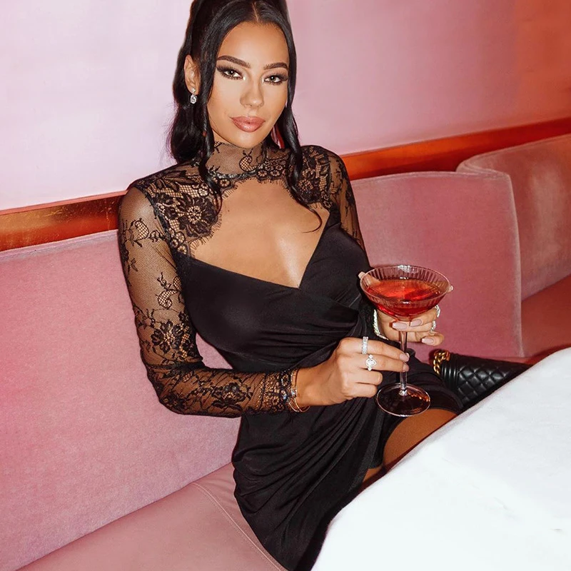 Черное кружевное платье с вырезом Соблазнительные вечерние платья длинным