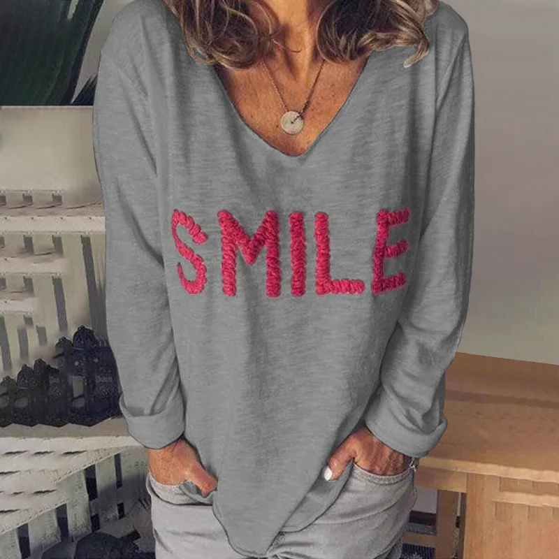 1 Осенняя и зимняя новая женская повседневная Однотонная футболка с длинными рукавами и вышитыми буквами - Цвет: 1