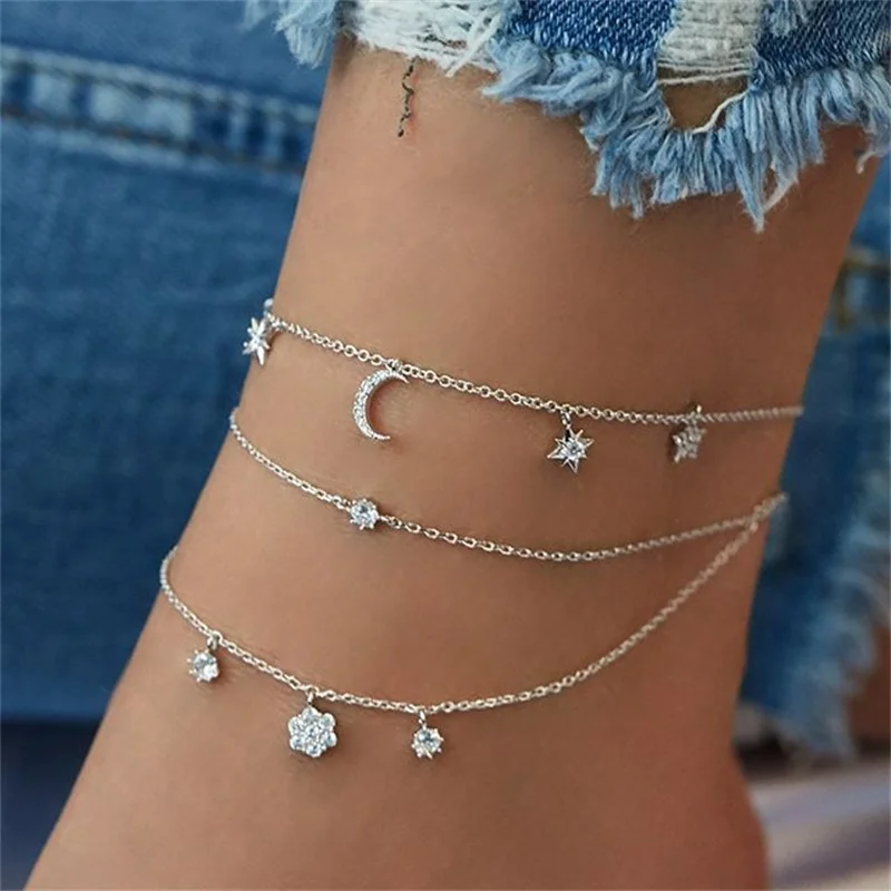 MPRAINBOW Ankle Chain Bracelet Adjustable Barefoot Star Moon Beach Anklet Boho Foot Jewelry for Women Girls