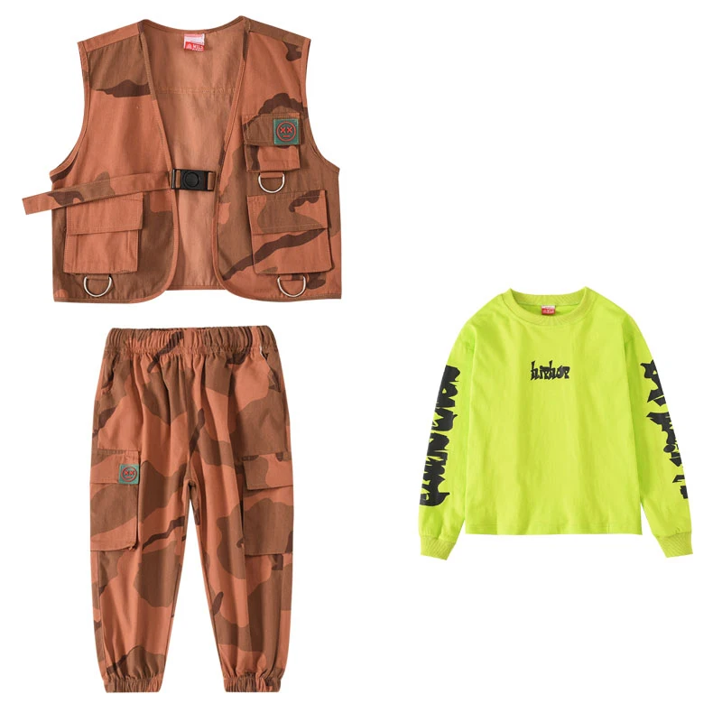 3Pcs Костюмы в стиле хип-хоп; модная камуфляжная жилетка для девочек; брюки; одежда для уличных танцев; детская одежда для Черлидинга; одежда для сцены; детская одежда; DN4720 - Цвет: 3Pcs