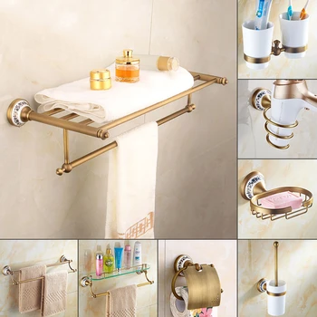 

Europe Antique Carved Bathroom Accessories Set Shower Towel Rack Wall Hanging Toothbrush Holder Metal Soap Dish Ceramic