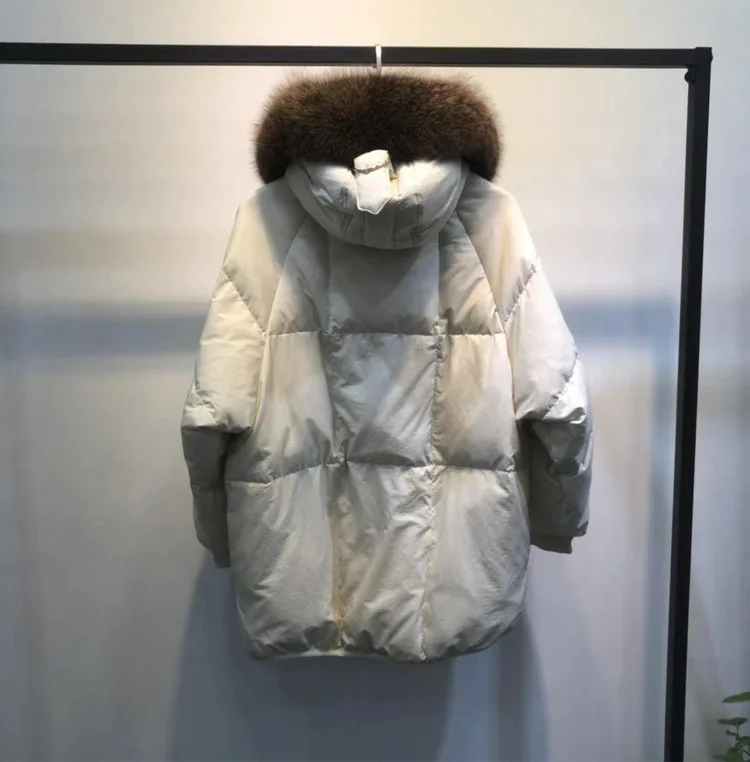 Стиль, пуховик, средней длины, свободный крой, очень большой, толстый, Лисий мех, воротник, Женское зимнее пальто