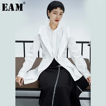 

[EAM] Women White Asymmetrical Split Joint Blouse New Stand Collar Long Sleeve Loose Fit Shirt Fashion Spring Autumn 2020 1K7140