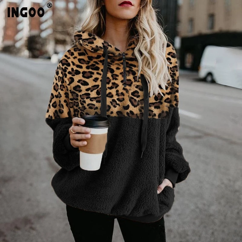 INGOO/леопардовые Лоскутные зимние толстовки с капюшоном для женщин; пикантные плюшевые пуловеры на молнии; толстовки; осенние повседневные свободные толстовки с капюшоном