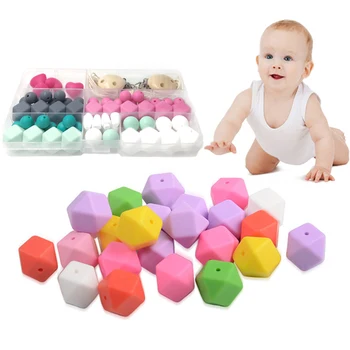 

61Pcs/set Silicone Teether Wooden Teether Nursing Necklace DIY Silicone Teething Hexagon Silicone Beads Baby Teething Toys Gift