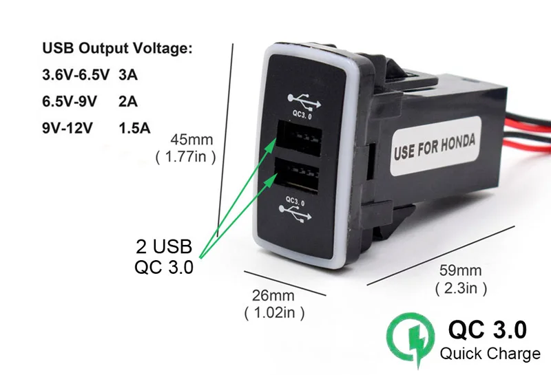 XCGaoon QC3.0 Quickcharge 2 USB Автомобильное зарядное устройство Телефон PDA адаптер DVR Plug& Play кабель с синими огнями для HONDA