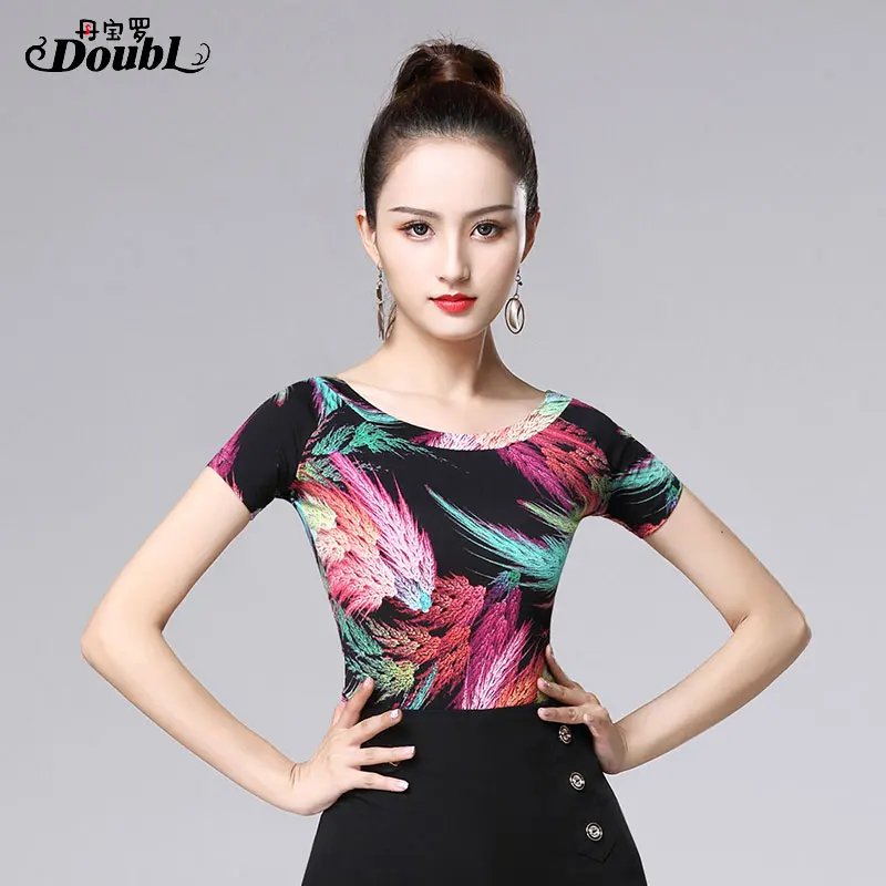 DOUBL 2020 New Vogue Women's Latin Dancing Tops Wear Printing Female Adults Ballroom Dance Short Sleeve Standard Practice Rumba