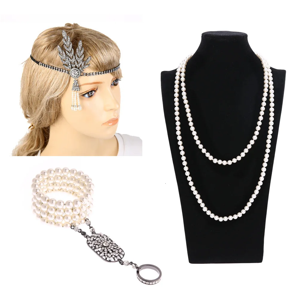 1920s Great Gastby Flapper нарядное платье аксессуары перо повязка на голову костюм комплект портсигар перчатки Жемчужное ожерелье Набор - Цвет: 2