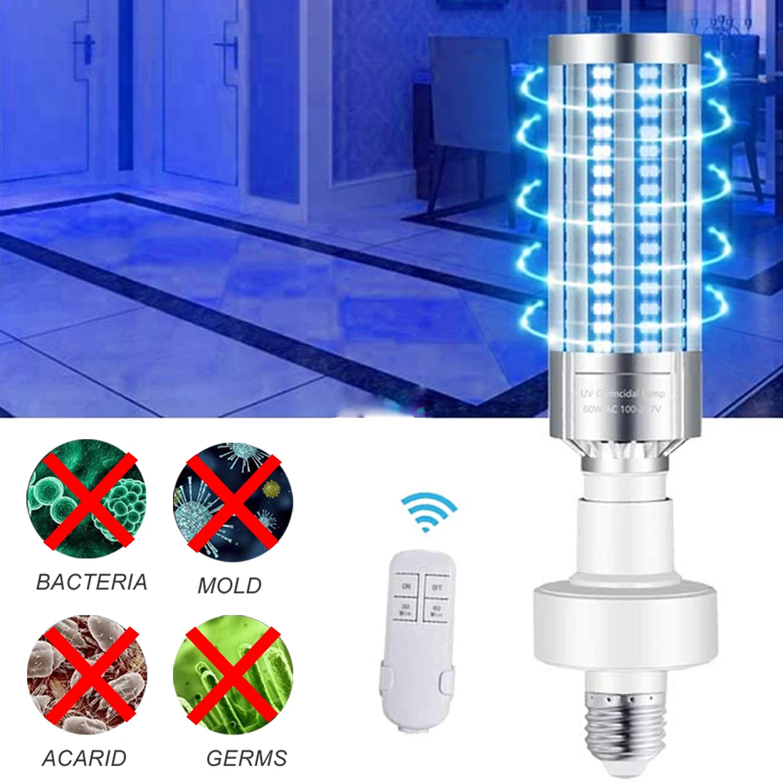 

UV Germicidal Lamp Ozone Remote Control UVC Ultraviolet LED Corn Bulb Disinfection Sterilizer E27 Base for Killing Mite