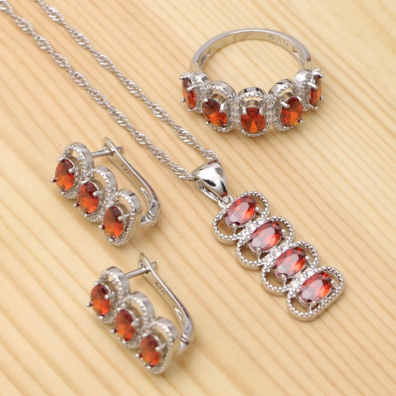925 Silver Bridal Jewelry Sets Red Cubic Zirconia Earring Pendant Necklace Ring Set For Women Wedding Accessories | Украшения и