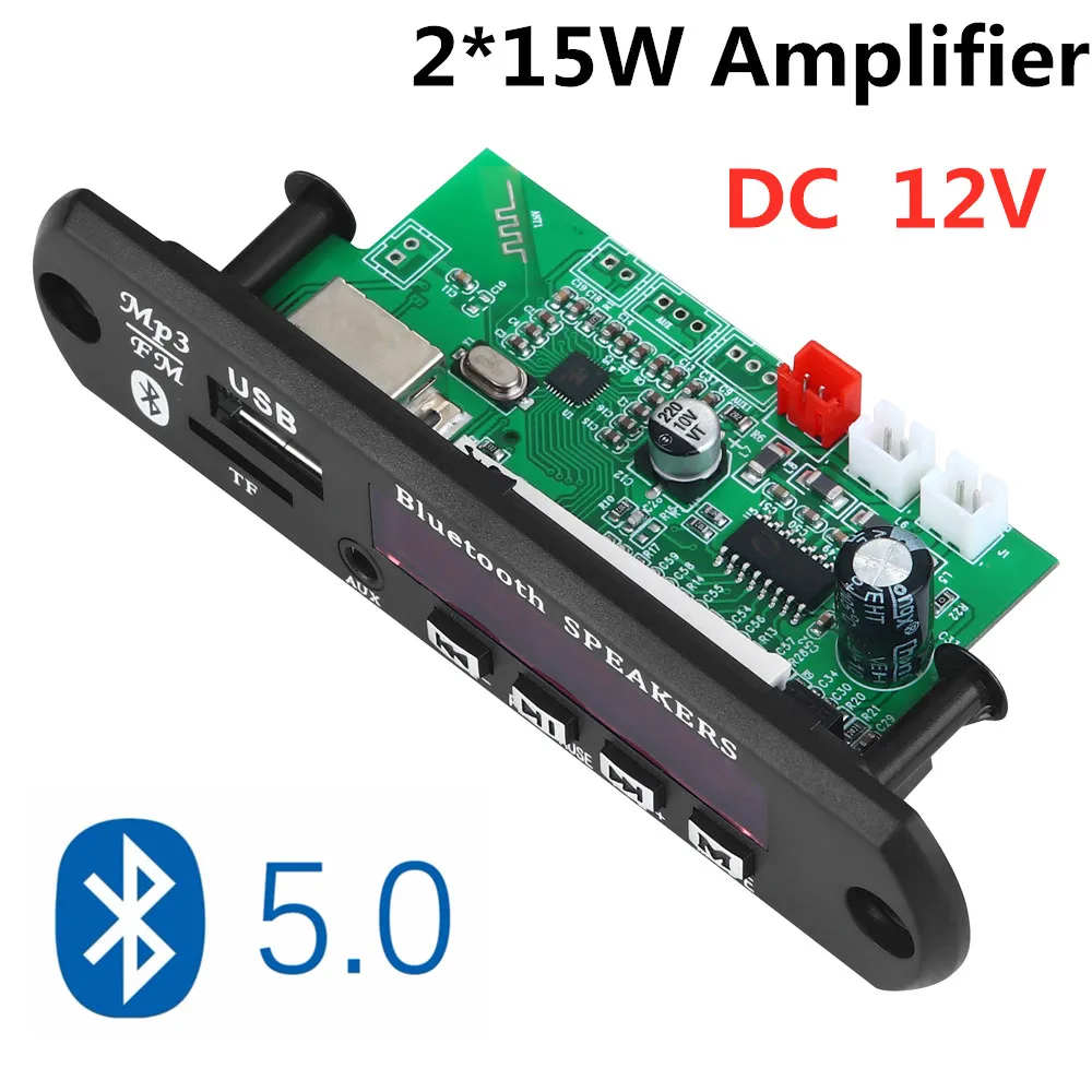 Placa decodificadora de reproductor MP3 de 2x15W, amplificador Bluetooth 5,0 de 30W y 12V, módulo de Radio FM para coche, compatible con TF, USB, AUX, Bluetooth