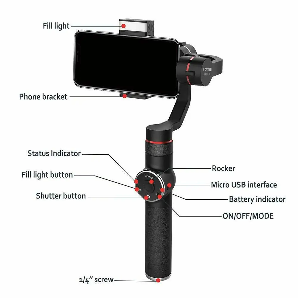  Zomei V5 New 3-Axis Handheld Gimbal Stabilizer Selfie Sticks for SmartPhone iPhone X 8 Plus 7 6 SE 