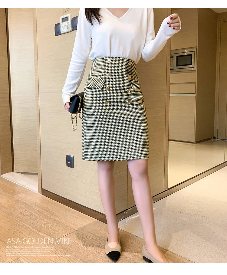 Woolen Double Breasted Skirt Winter Women Vintage Plaid High Waist Femininas Sheath Plaid Skirt