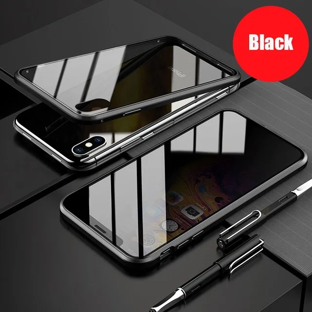 Магнитный металлический чехол для samsung Galaxy S8 S9 S10 S10+ S10e Note 8 9 10 закаленное стекло антишпионская крышка для samsung A50 A70 - Цвет: Black