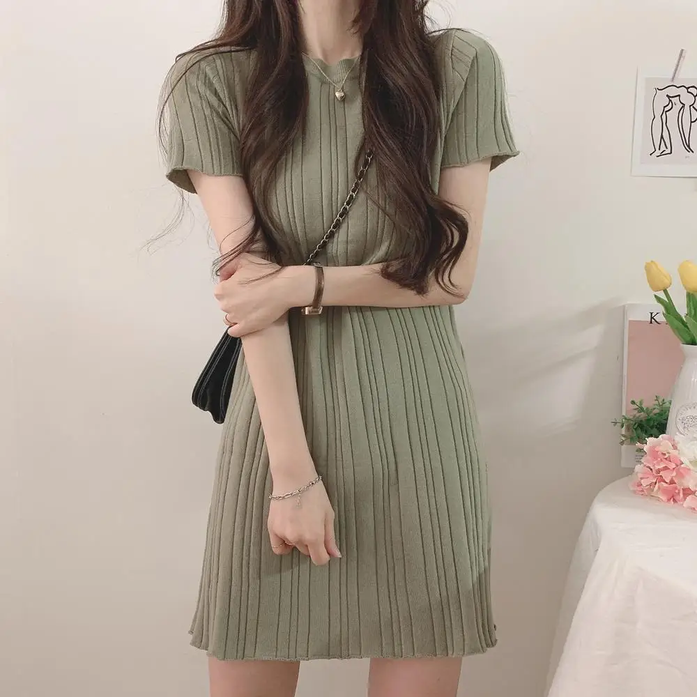 Dress Women Solid Simple All-match Student 5 Colors Fashion Female Ulzzang Sweet Vacation Chic Ins Knitted Leisure Elegant Ins long dress