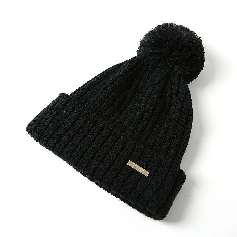 Зимние вязаные шапки унисекс, женские одноцветные шапки Skullies, мужские осенние шапки Skullies Beanies с помпоном, женские повседневные Шапки B