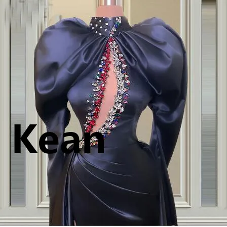 

Real Picture Navy Blue Deep V Mermaid Evening Dresses Beaded Satin Sexy Dubai Arabic Saudi Arabian Prom Dress Custom Made Plus