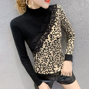 

Vintage Lace Patchwork Hit Color Leopard Sweater Women Autumn Winter Chic Knitted Turtleneck Sweater Pullovers Ladies Knitwear