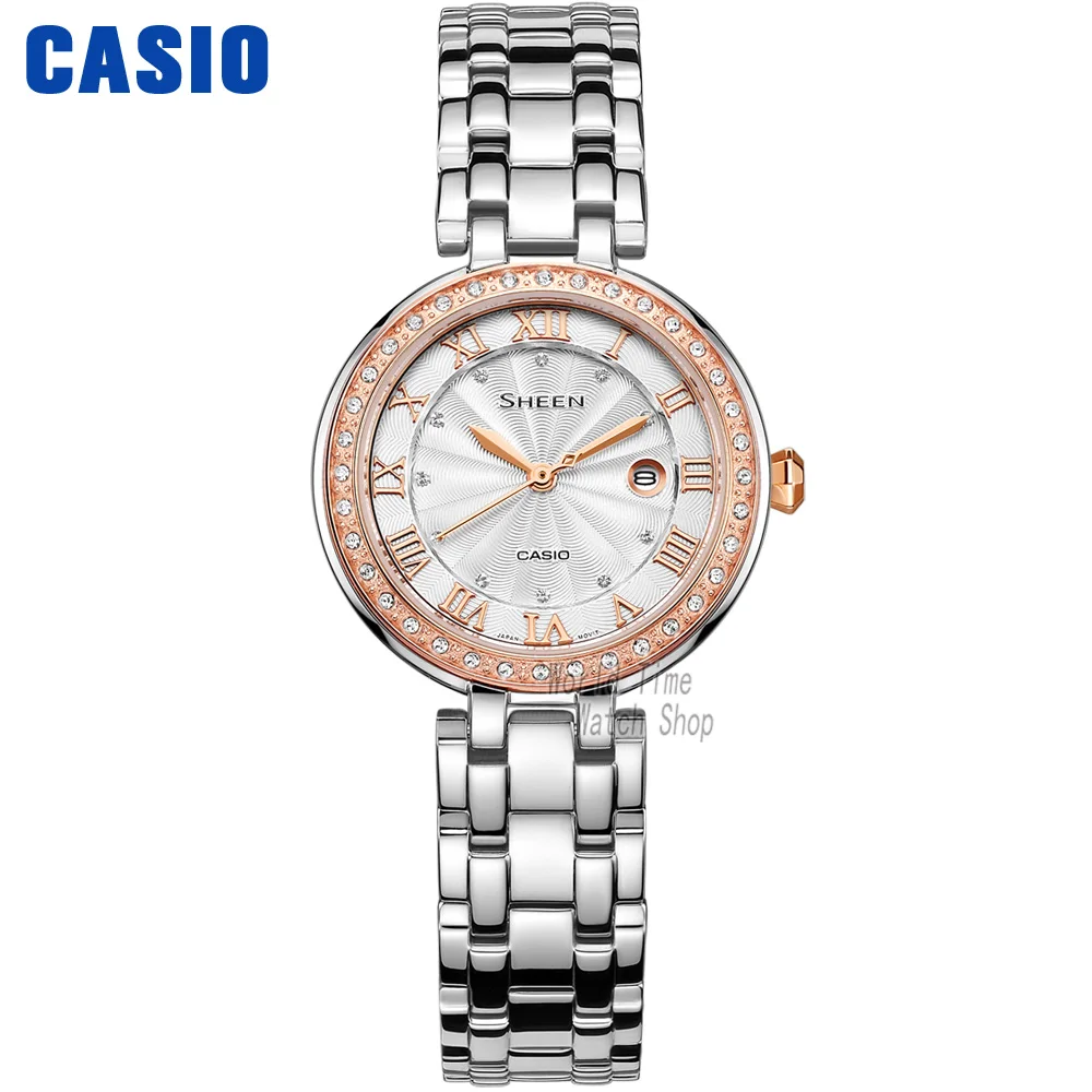 Часы Casio SHEEN женские часы Swarovski Crystal топ класса люкс комплект 50м Водонепроницаемые кварцевые женские часы женские Розовое золото Подарки Часы Спортивные часы relogio feminino reloj mujer montre homme bayan - Цвет: SHE4034BSG7A-1
