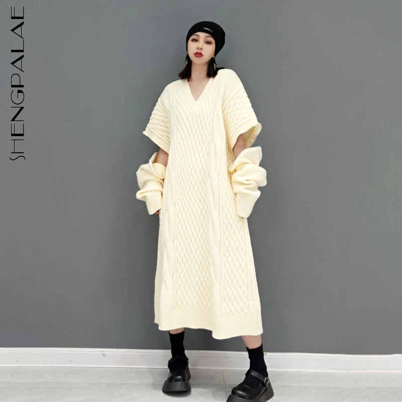 SHENGPALAE Fashion Removable Zipper Knitted Dress Women Spring 2022 New V-neck Loose Long Sleeve Mid-calf Dresses Female Tide | Женская