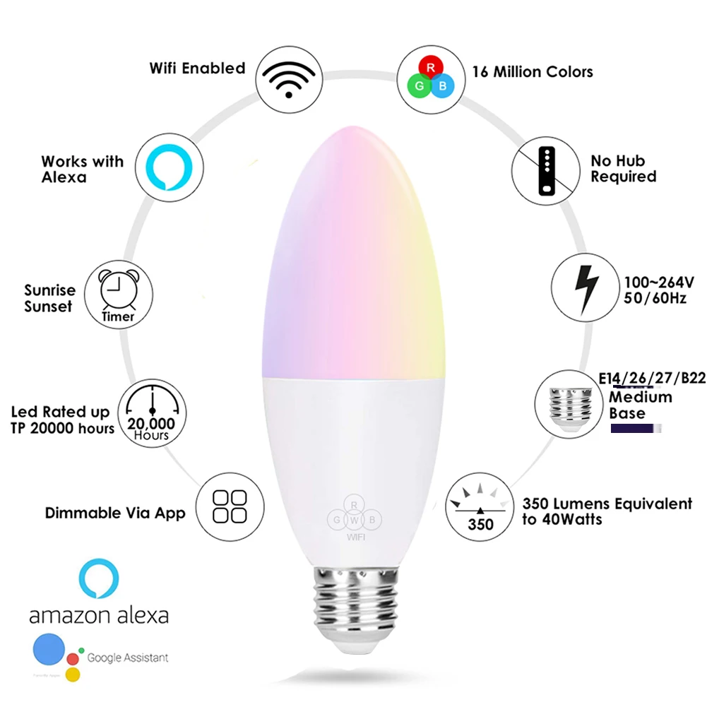 Умная свеча Wi-Fi лампа E14/E26/E27/B22 RGB лампа умная жизнь Голосовое управление 6 Вт светодиодные лампы, совместимые с Alexa/Google Home/IFTTT
