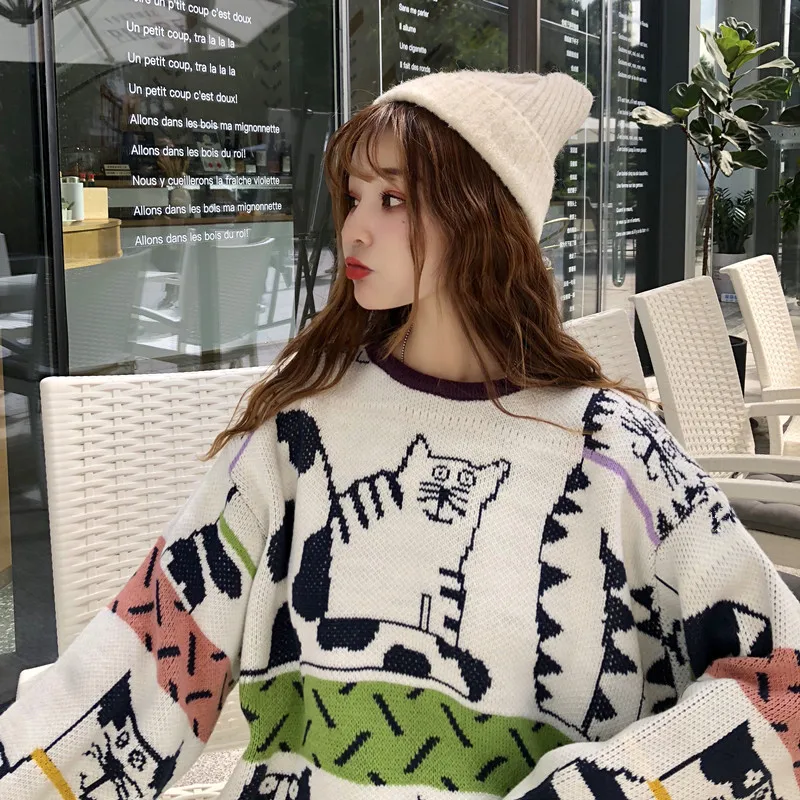 Японский Harajuku женский свитер для улицы милый Kawaii негабаритный вязаный пуловер консервативный стиль аниме Кот осеннее зимнее пальто