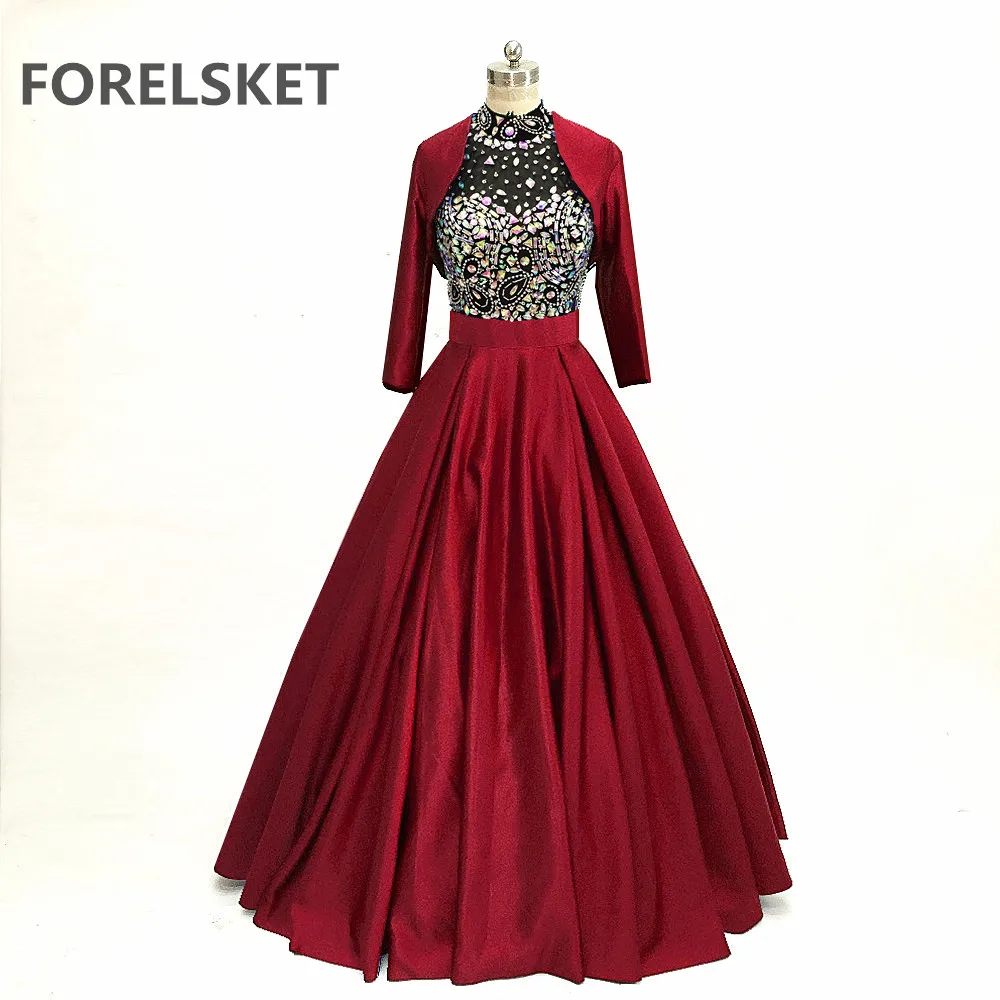 

Burgundy Satin Prom Dresses With Jacket 2020 Celebrity Formal Evening Party Gowns Long Sleeves Beading Crystal Robe De Soiree