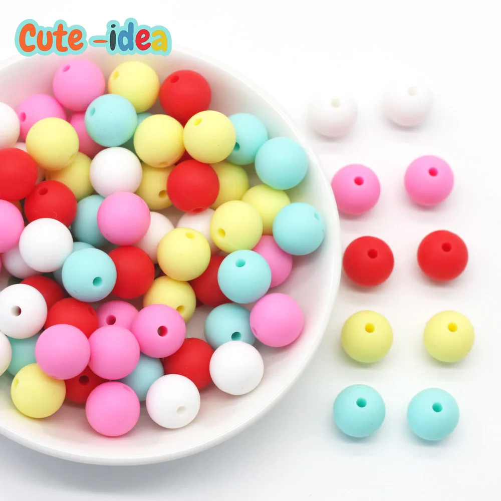 Cute-idea 12mm 50pc Silicone Beads Round Baby Teether Food Grade BPA Free DIY Baby Teething Nursing Necklace Pacifier Chain Toys 20pc unicorn silicone animal teether beads bpa free baby teething necklace diy chewable denticion jewelry nursing pacifier chain