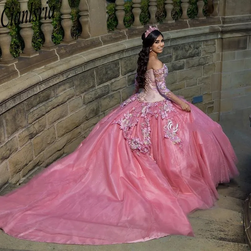 

vestidos de 15 aÃ±os Pink Quinceanera Dress With Long Train Lace Applique Beaded 3D Appliques Sweet 16 Dress Pageant Party Gowns