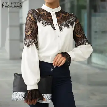 

ZANZEA Elegant Women Long Sleeve Lace OL Blouse Summer Sexy Hollow Out Shirt Chemise Lace Crochet Tops Femme Buttons Blusas Robe