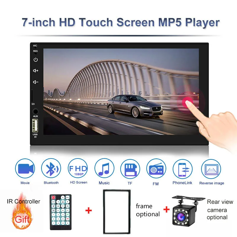 Car Radio 7 Inch Touch MirrorLink Android Player 2 Din MP5 Autoradio Bluetooth Rear View Camera Tape Recorder - Цвет: frame and 12led cam