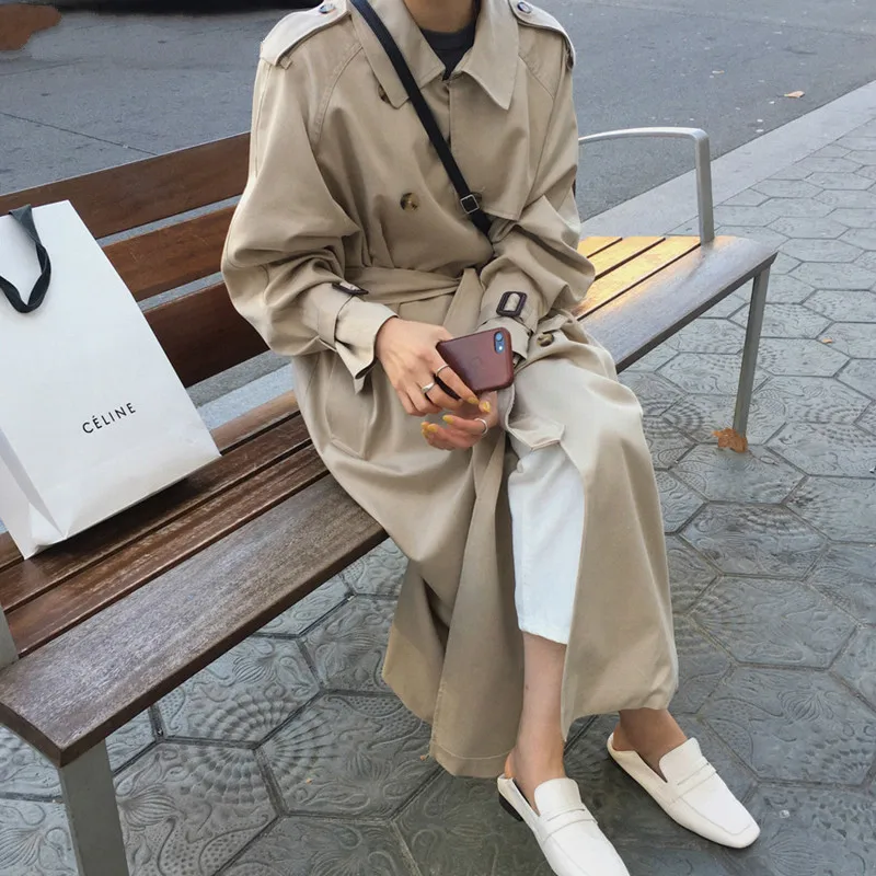 Женский Длинный Тренч с отложным воротником модная ветровка большого размера